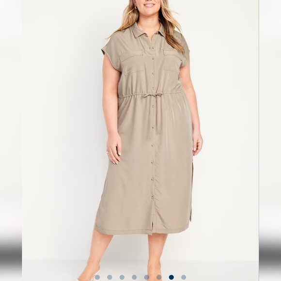 Old Navy Utility Midi Shirt Dress Olive Green Petite XLP Waist-Defined - Picture 5 of 14
